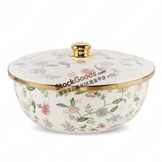 29cm Premium Enamel Basin with Lid, Gold Rim, Gold Knob, Bottom with Logo, Multiple Colors Available